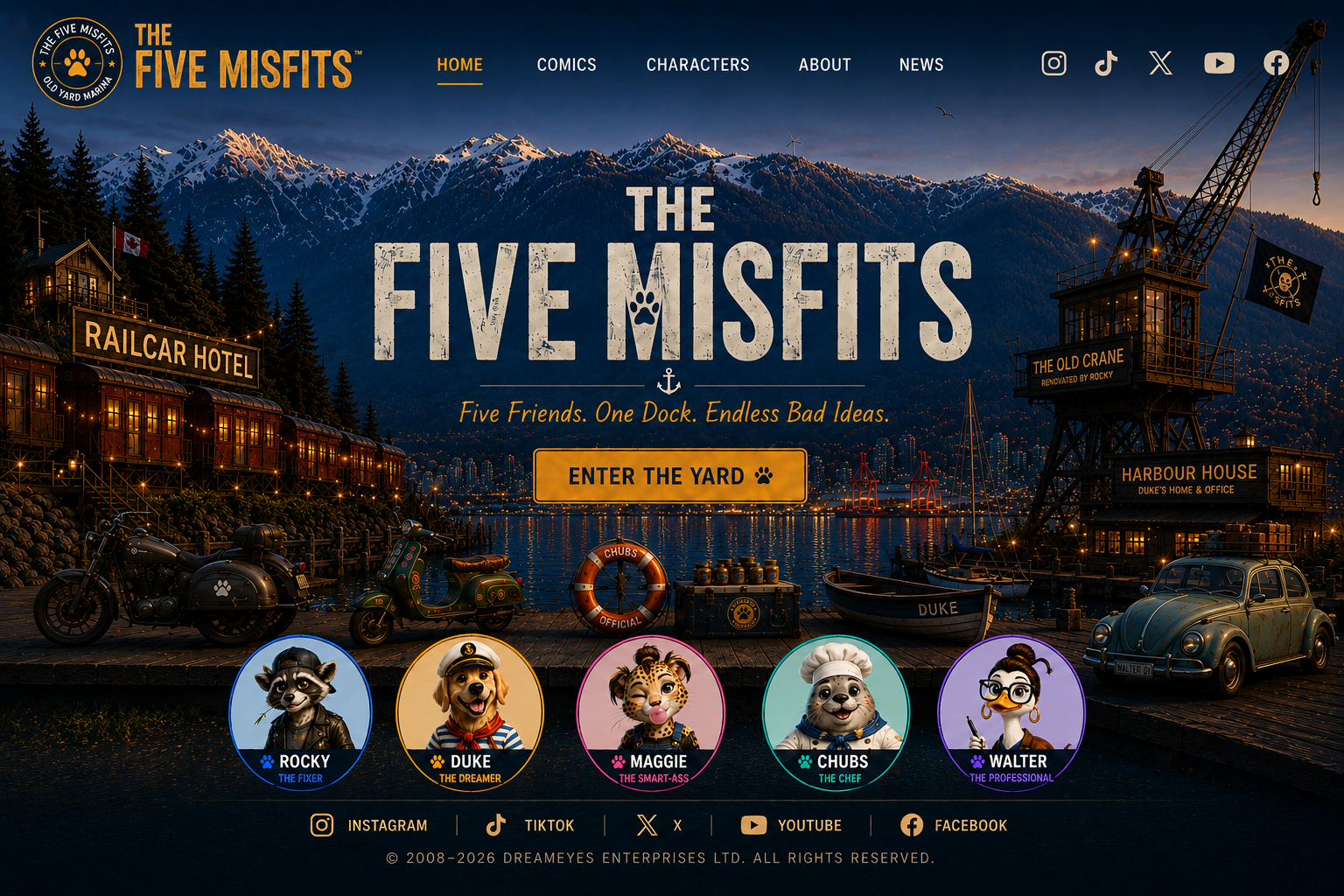 The Five Misfits at Old Yard Marina, with Railcar Hotel, Old Crane, Harbour House, marina, mountains, character buttons, and social links.